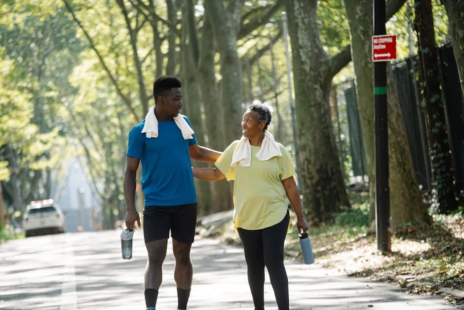 Two people jogging in a Two men jogging in a sunlit park as part of a fitness routine park, promoting fitness and well-being.