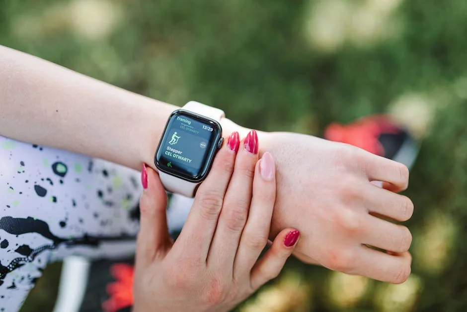 Close-up of a man checking a fitness-tracker smartwatch during an outdoor walk