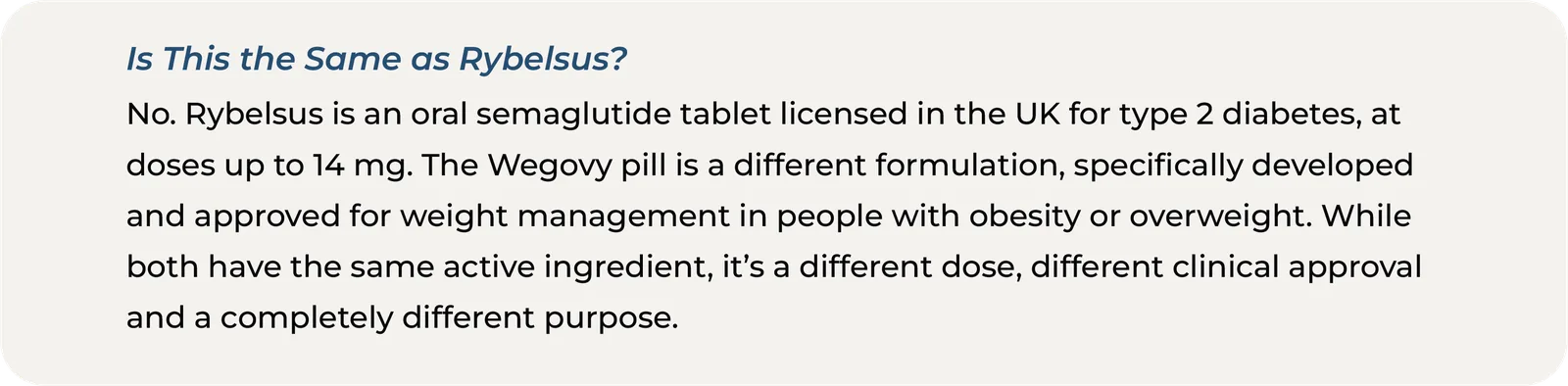 Text infographic explaining that the Wegovy pill is not the same as Rybelsus — Rybelsus is oral semaglutide licensed for type 2 diabetes at doses up to 14mg, while the Wegovy pill is a different formulation approved for weight management.