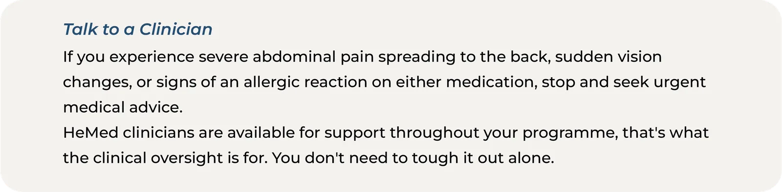 Text infographic advising anyone on GLP-1 treatment to stop and seek urgent medical advice for severe abdominal pain spreading to the back, sudden vision changes or signs of an allergic reaction, and noting that HeMed clinicians provide support throughout the programme.