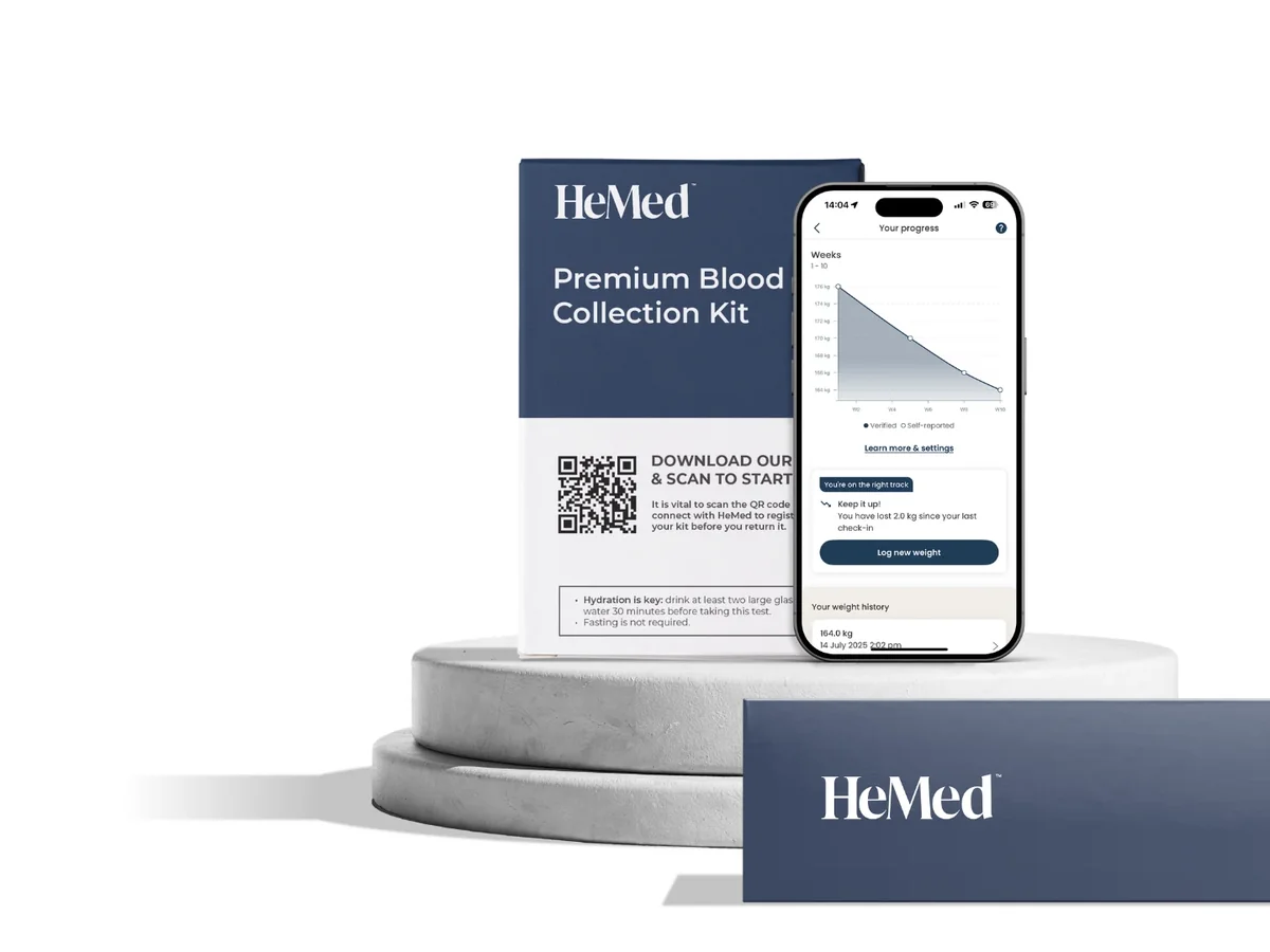 The HeMed blood collection kit, the HeMed app on a phone and the programme box