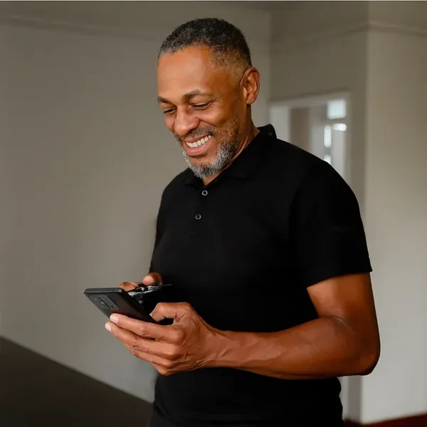 A man smiling as he reads his phone
