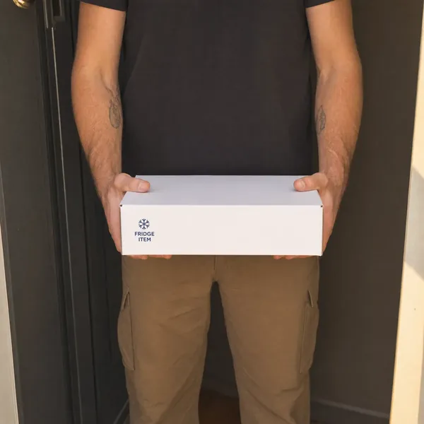 A man at his front door holding a white delivery box