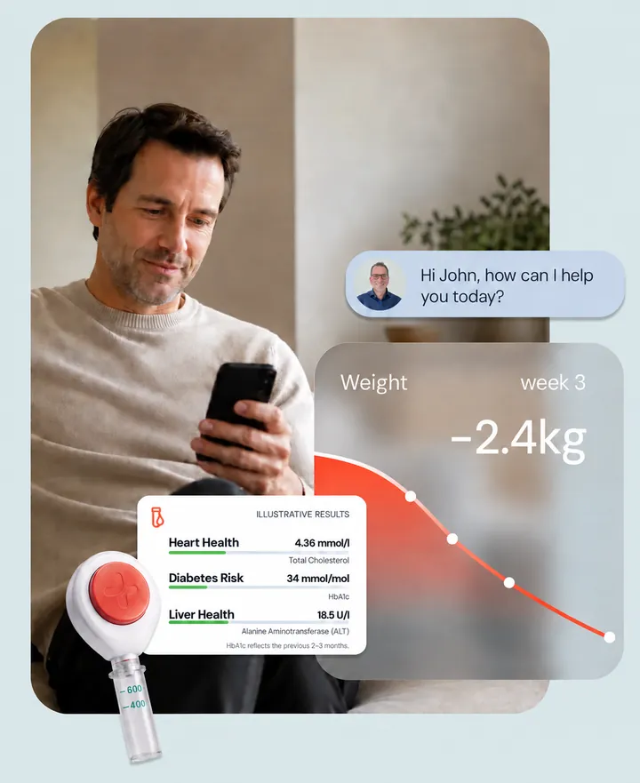 Illustration: a man checks the HeMed app on his phone, beside sample blood results, a weight chart and the at-home blood collection device